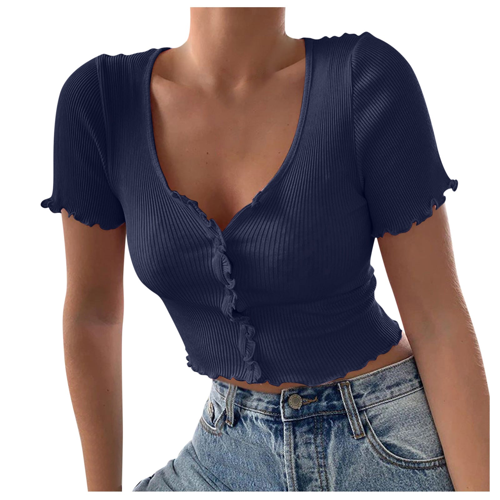 V Neck Ruffles Short Sleeve T Shirt Women Summer Casual Button Crop Top Basic Blue T Shirt Tops - Fashioinista