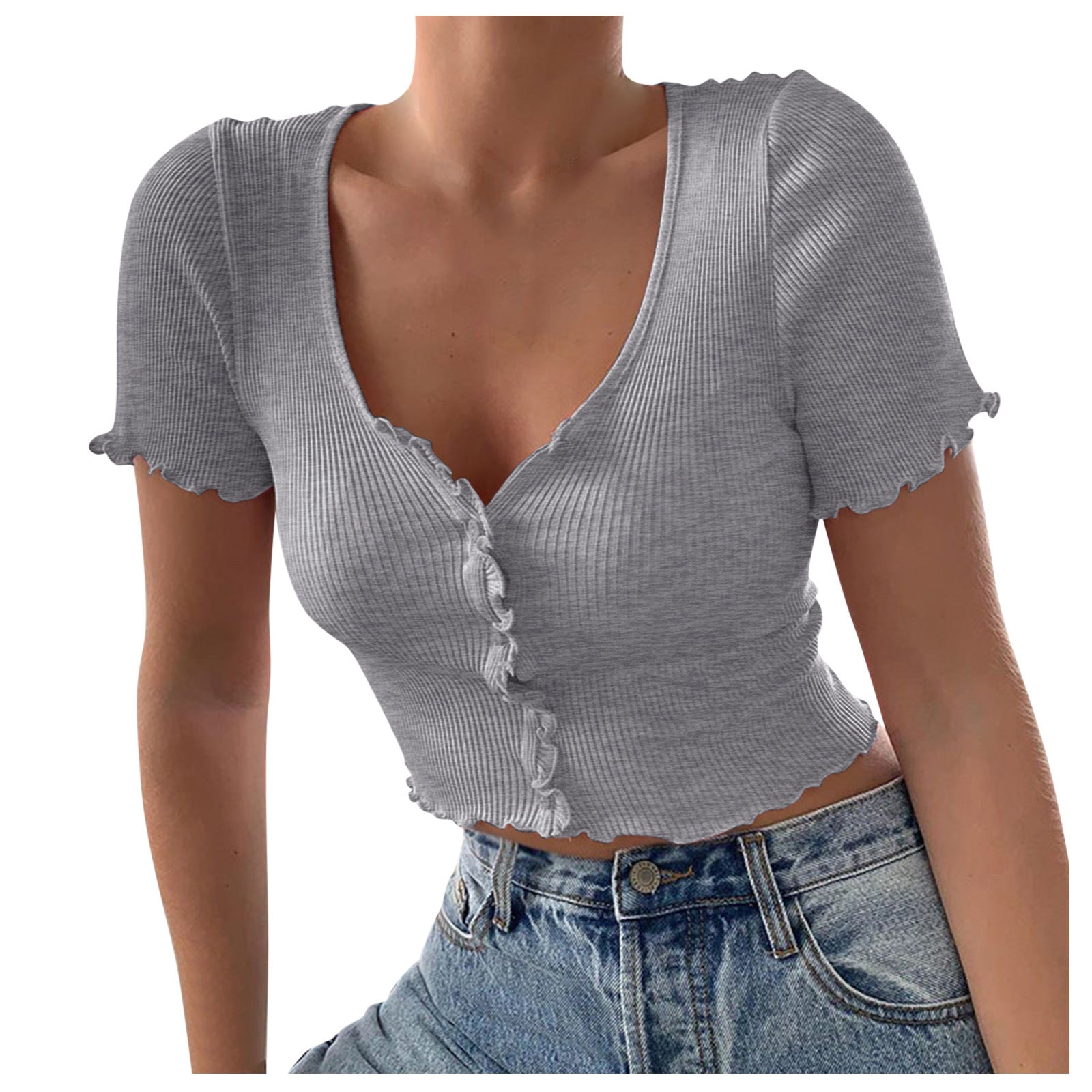 V Neck Ruffles Short Sleeve T Shirt Women Summer Casual Button Crop Top Basic Blue T Shirt Tops - Fashioinista