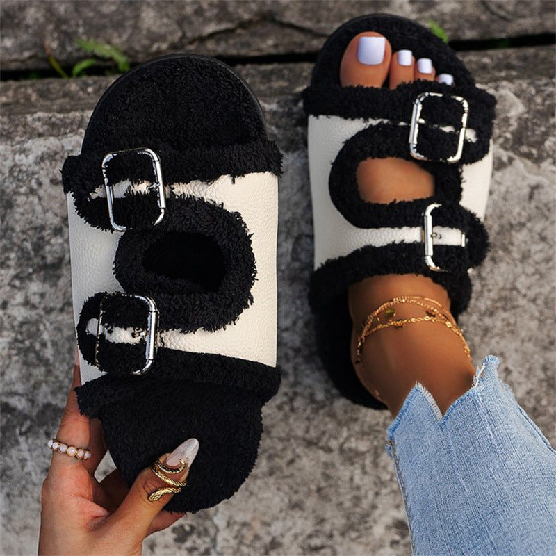 Autumn Winter Slipper Thick Sole Buckle Lamb Swool Slippers For Women Outdoor Gardern Indoor Lazy Plush Shoes - Fashioinista