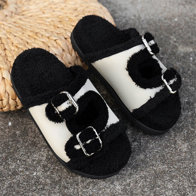 Autumn Winter Slipper Thick Sole Buckle Lamb Swool Slippers For Women Outdoor Gardern Indoor Lazy Plush Shoes - Fashioinista