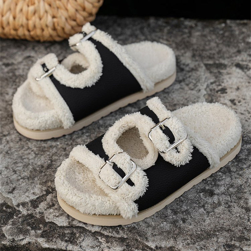 Autumn Winter Slipper Thick Sole Buckle Lamb Swool Slippers For Women Outdoor Gardern Indoor Lazy Plush Shoes - Fashioinista