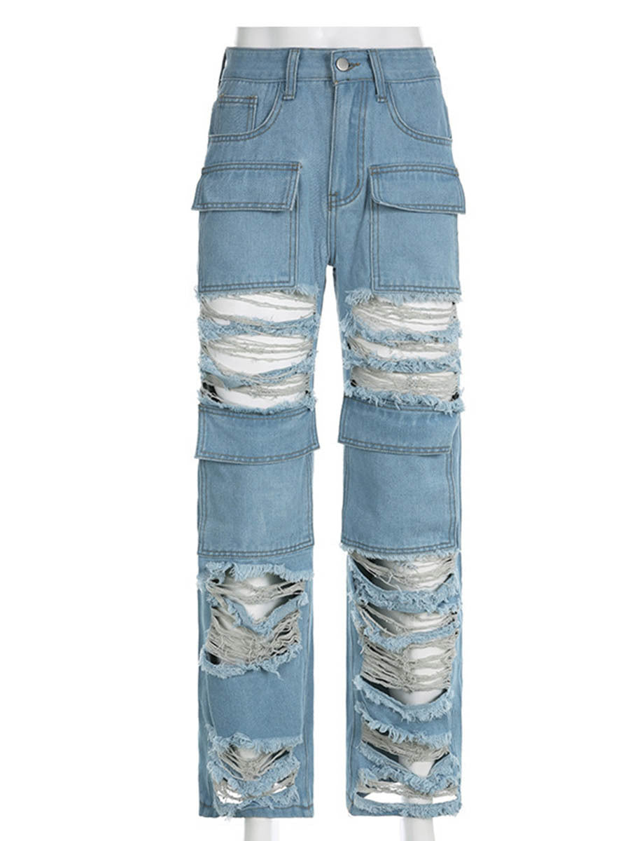 Beggar Wind Hole Raw Hem Jeans Female - Fashioinista