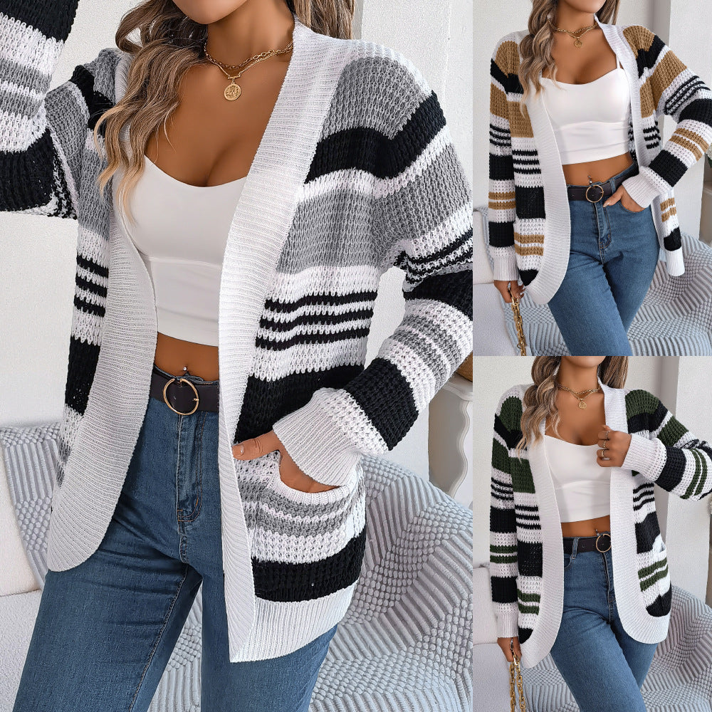 Contrast Color Striped Pocket Long Sleeve Sweater Cardigan - Fashioinista