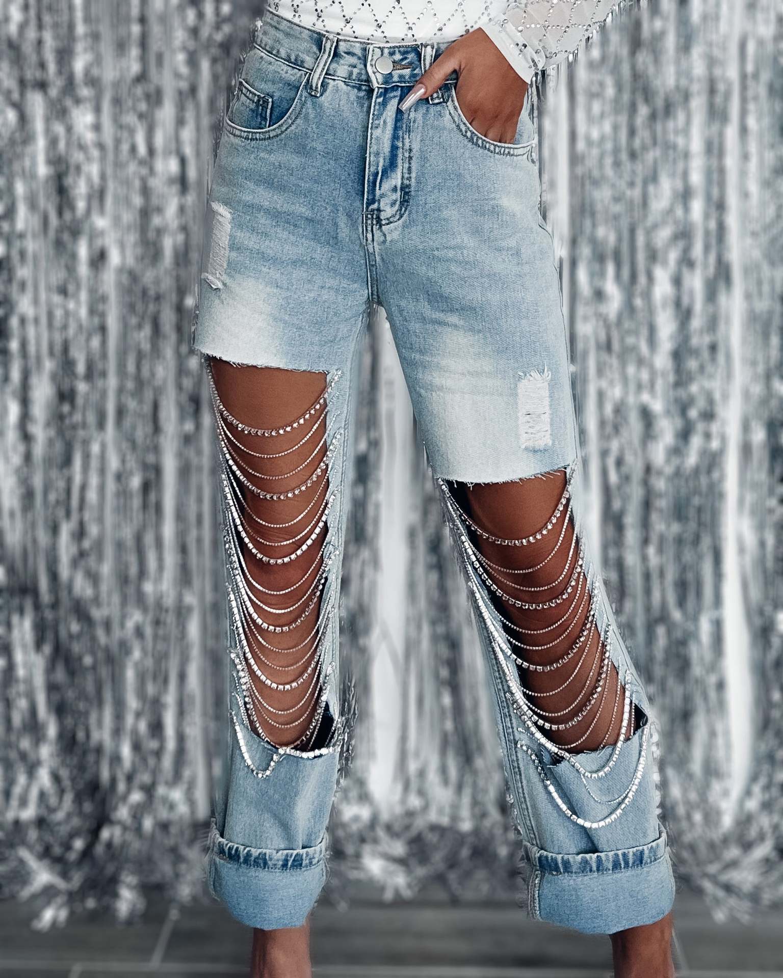 Big Ripped Jeans Women's Chain Ornaments Straight-leg Pants - Fashioinista