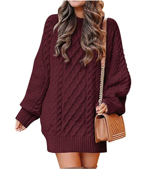 Women's Round Neck Long Sleeve Twisted Knitted Mid-length Dress Sweater - Fashioinista