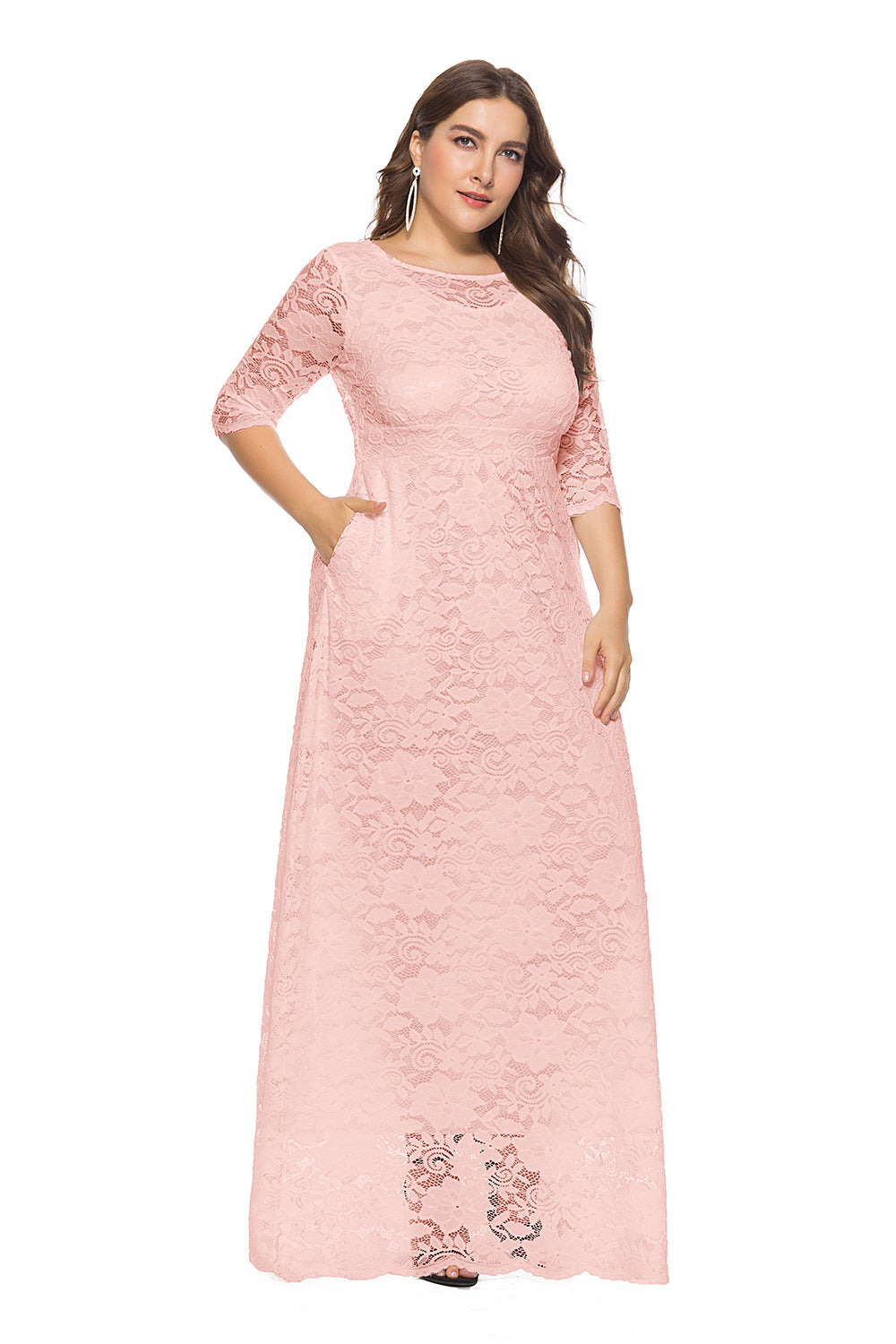 Plus Size Women New Hollow Lace Pocket Dress - Fashioinista