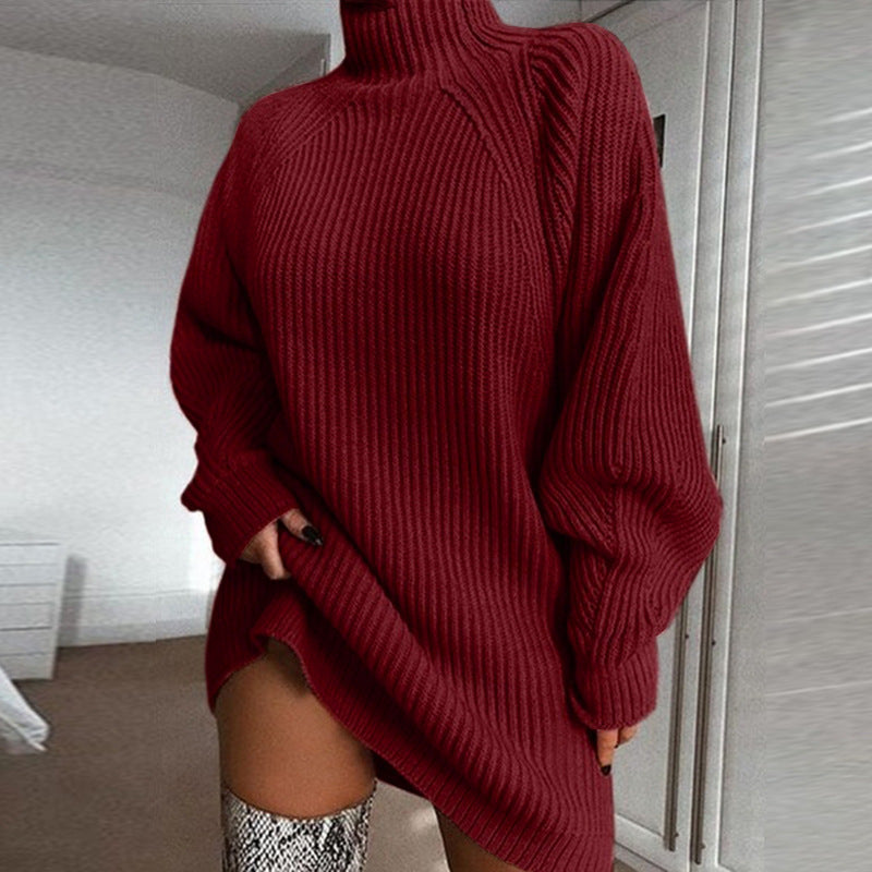 Solid Turtleneck Long Sweater Winter Warm Women Sweater Dress - Fashioinista