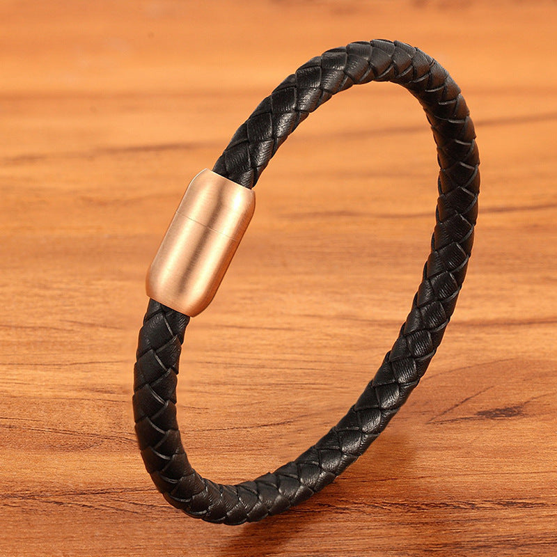 Men's Stainless Steel Genuine Leather Rope Braided Bracelet