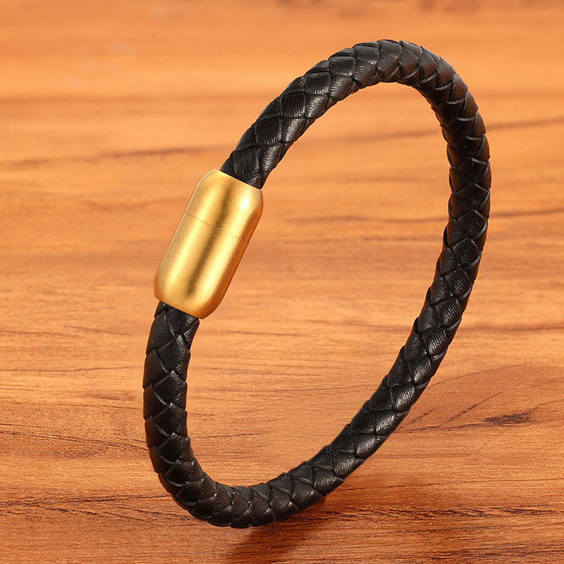 Men's Stainless Steel Genuine Leather Rope Braided Bracelet
