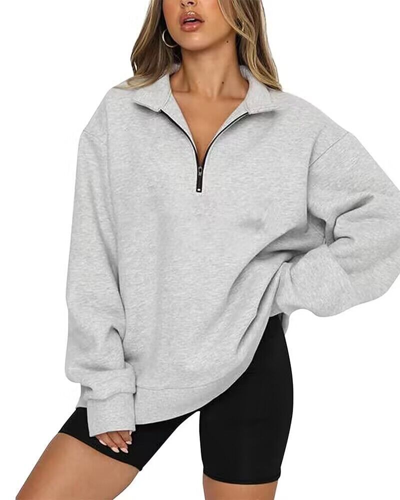 Women Sweatshirts Zip Turndown Collar Loose Casual Tops Clothes - Fashioinista