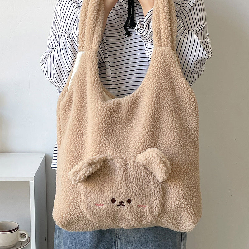 Personalized Bag For Women 3D Cartoon Bear Lamb Wool Shoulder Bag Winter High Capacity Daily Shopping Bags Girls College Style Handbags - Fashioinista