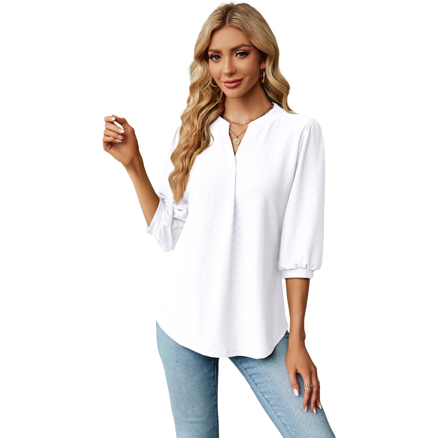 Solid Color Lace Collar Jacquard Long Sleeve Loose-fitting T-shirt Top - Fashioinista