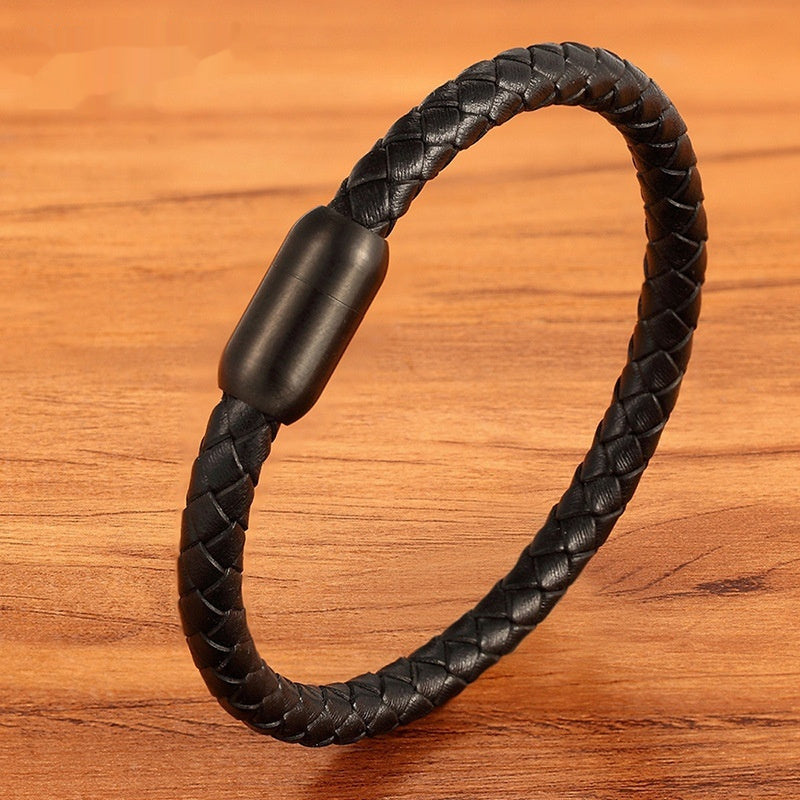 Men's Stainless Steel Genuine Leather Rope Braided Bracelet