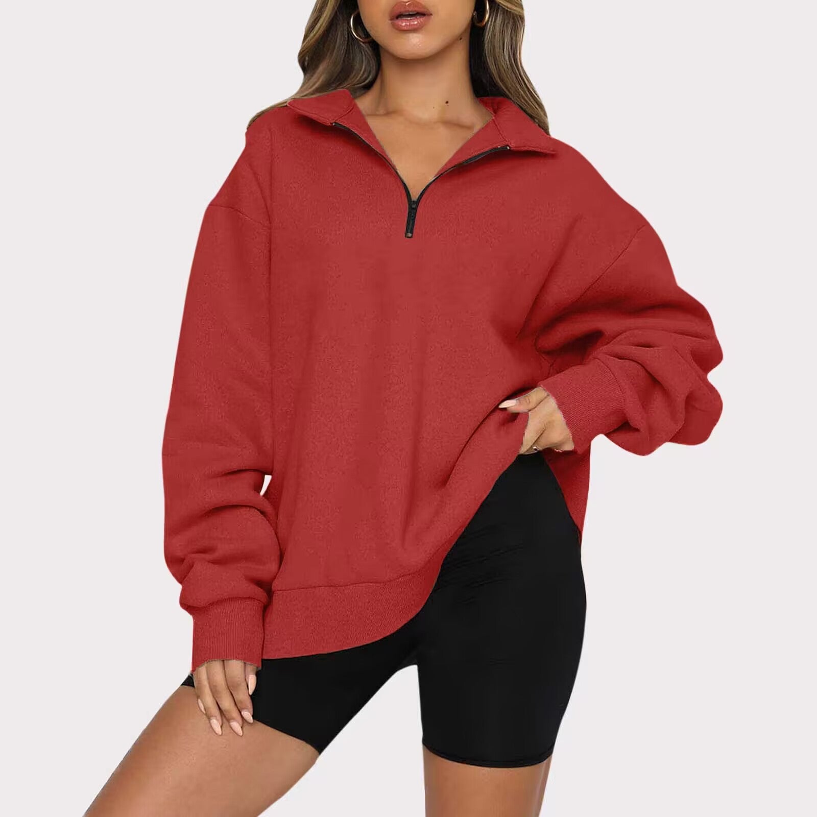 Women Sweatshirts Zip Turndown Collar Loose Casual Tops Clothes - Fashioinista