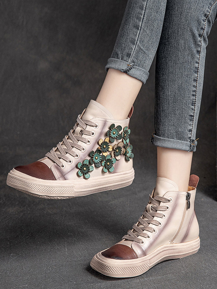 Women's Contrast Flower Square Head High-top Shoes - Fashioinista