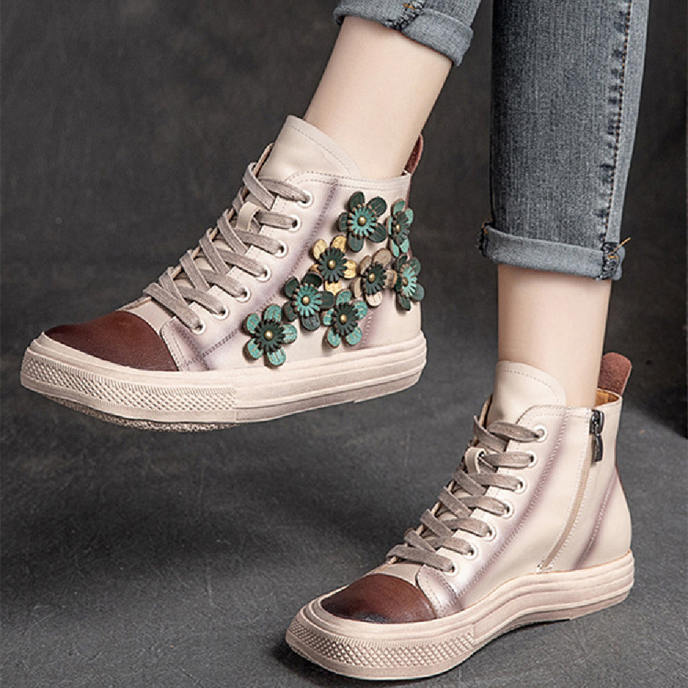 Women's Contrast Flower Square Head High-top Shoes - Fashioinista