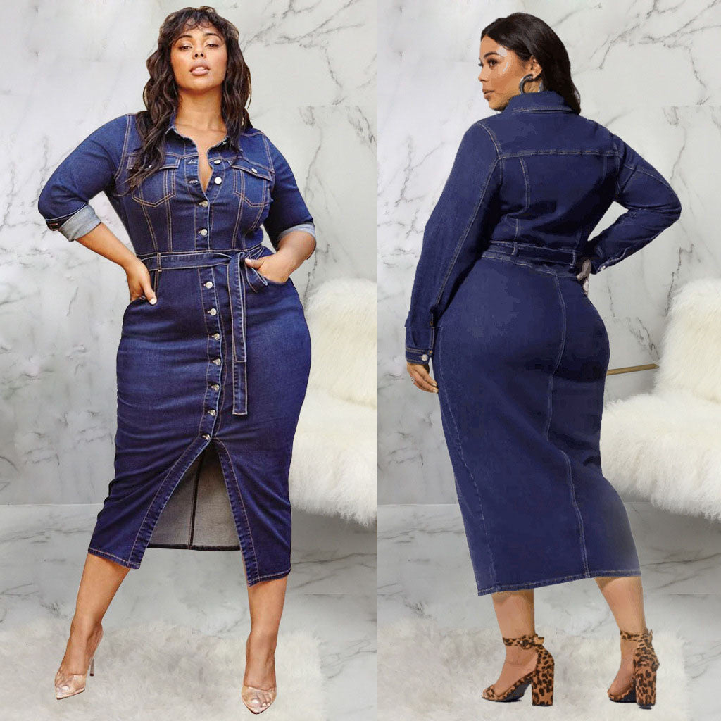 Dress Fashion Plus Size Denim Dress Women Casual, Long Sleeves - Fashioinista