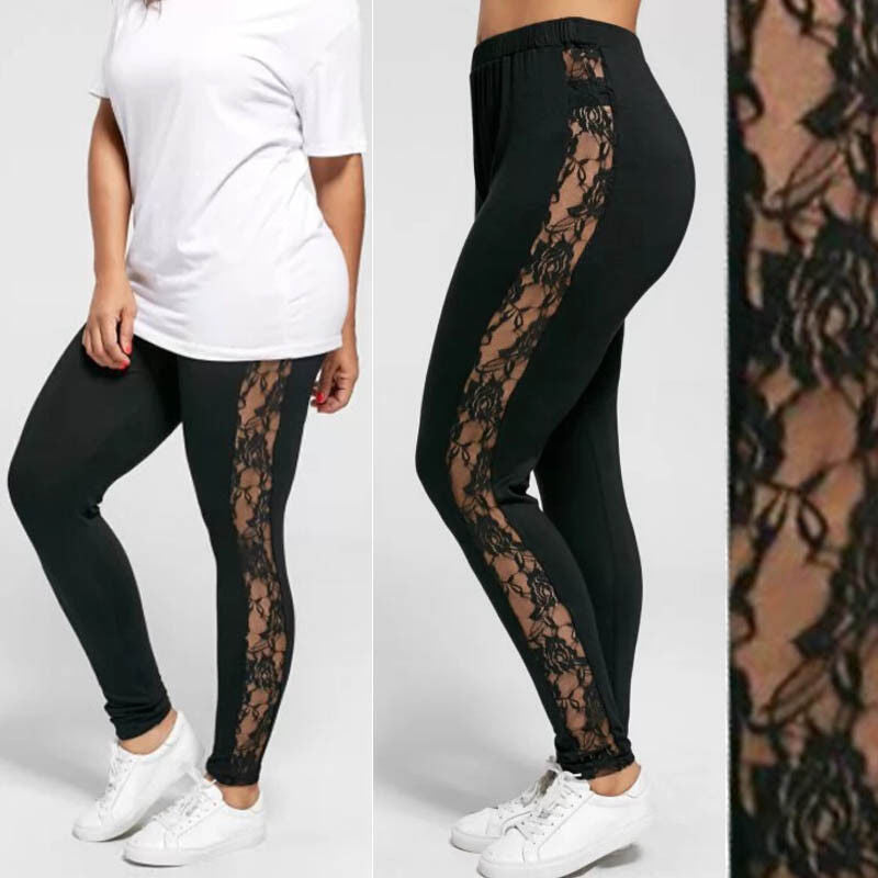 Plus Size Sexy Women Holllow Out Lace Leggings - Fashioinista