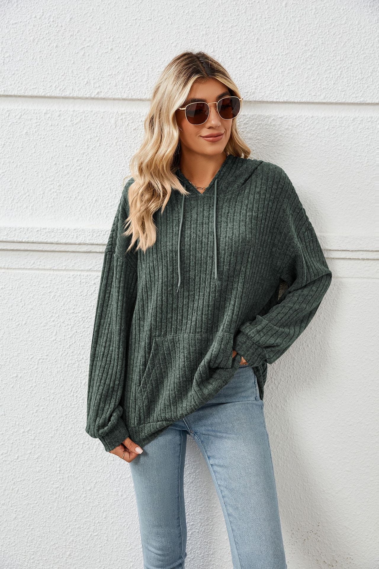 Knitted Sweater With Hooded Pit Stripe Kangaroo Pocket Sweater - Fashioinista