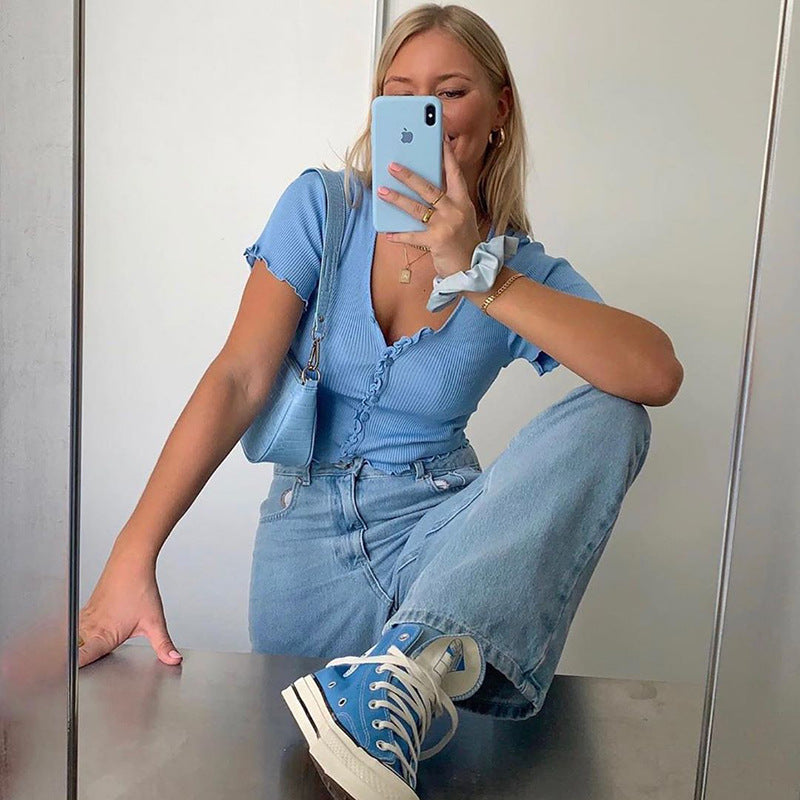 V Neck Ruffles Short Sleeve T Shirt Women Summer Casual Button Crop Top Basic Blue T Shirt Tops - Fashioinista