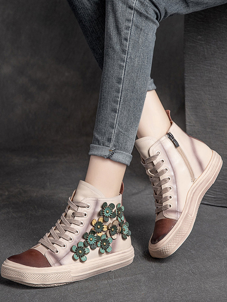 Women's Contrast Flower Square Head High-top Shoes - Fashioinista