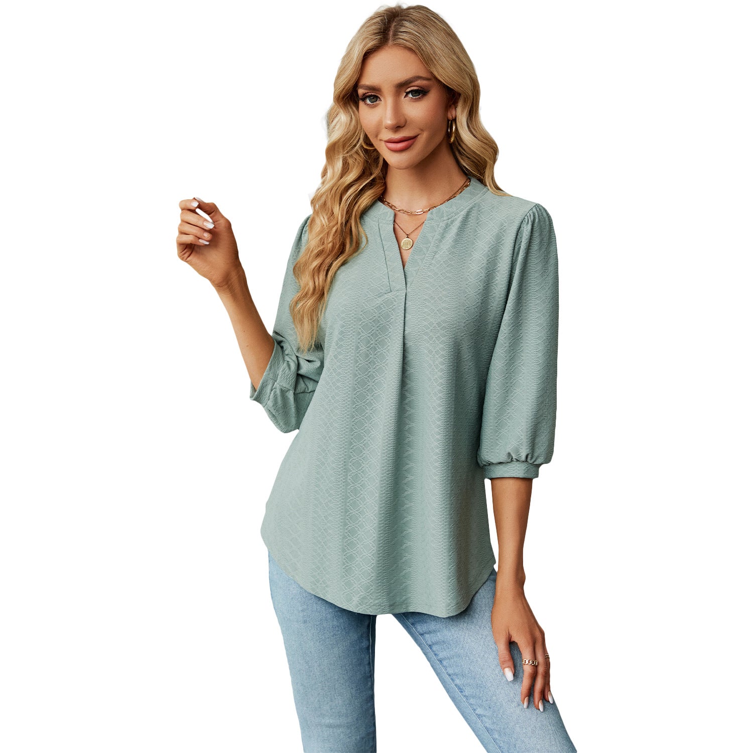 Solid Color Lace Collar Jacquard Long Sleeve Loose-fitting T-shirt Top - Fashioinista