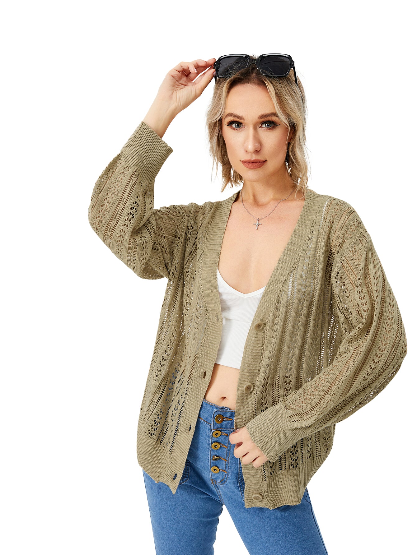 Women's Hollow Out Open Front Knit Lightweight Cardigan - Fashioinista