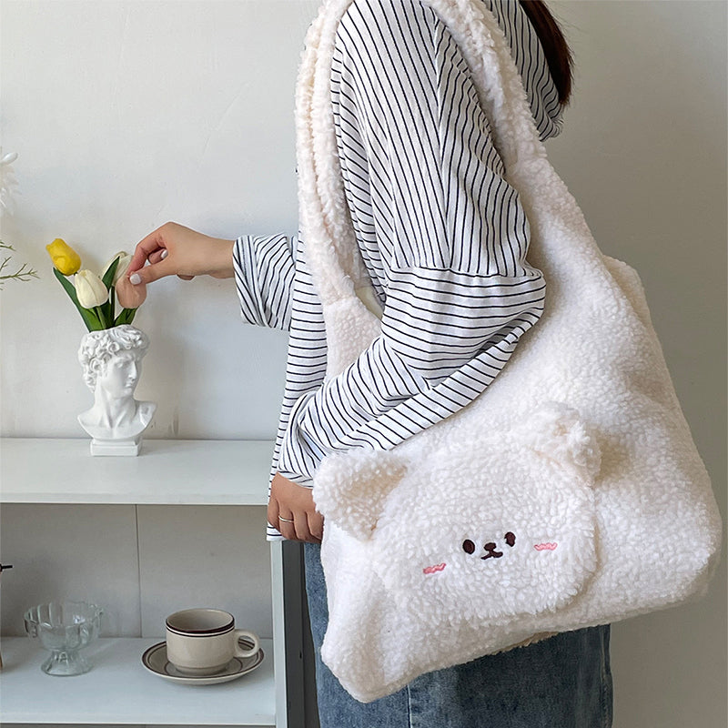 Personalized Bag For Women 3D Cartoon Bear Lamb Wool Shoulder Bag Winter High Capacity Daily Shopping Bags Girls College Style Handbags - Fashioinista