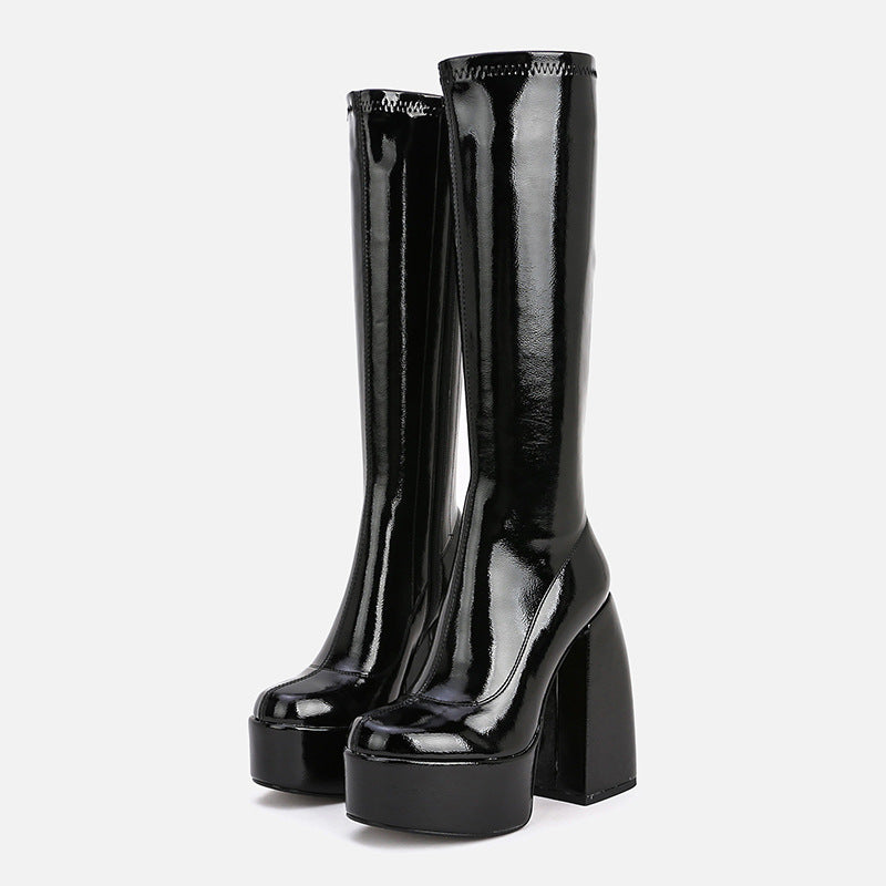 Tall Chunky Heel Round Toe Platform Stretch Boots Above Knee - Fashioinista