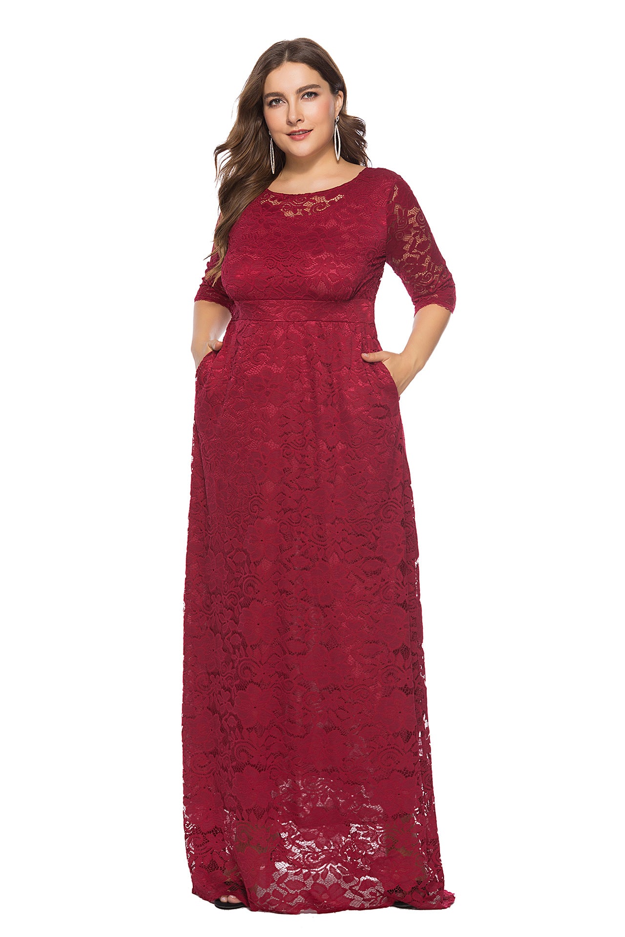 Plus Size Women New Hollow Lace Pocket Dress - Fashioinista