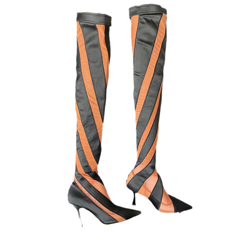 Pointed High Heel Elastic Thread Stitching Mesh Long Tube Over The Knee Boots - Fashioinista