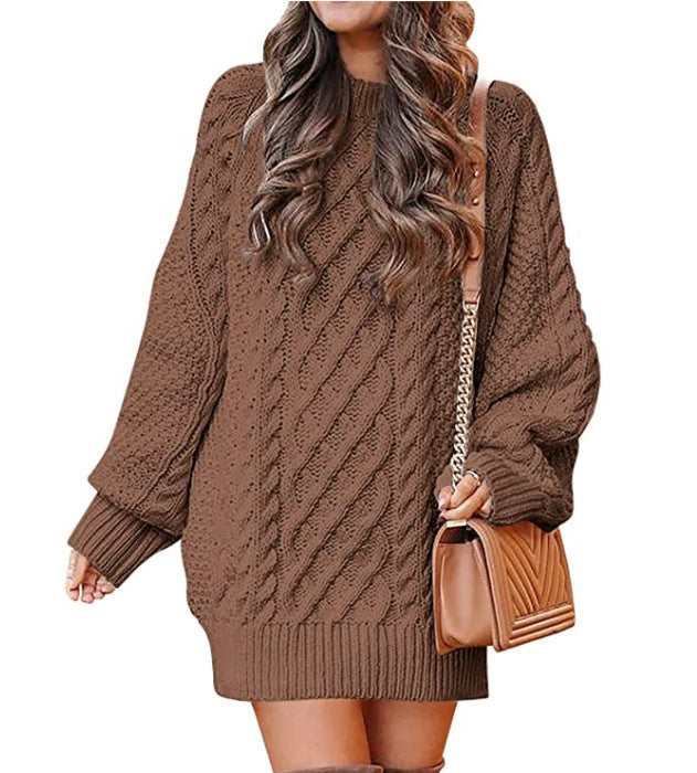 Women's Round Neck Long Sleeve Twisted Knitted Mid-length Dress Sweater - Fashioinista