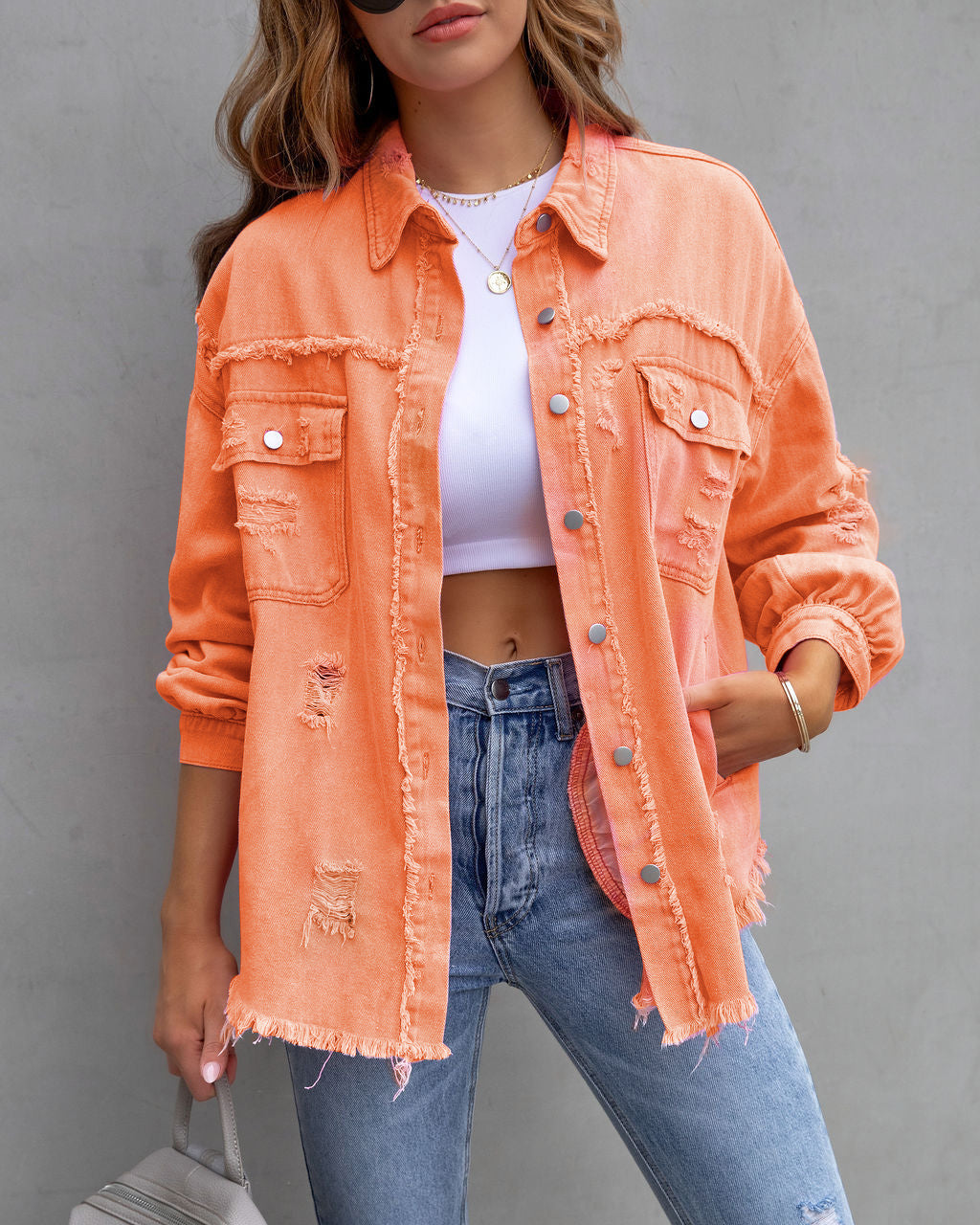 Fashion Ripped Shirt Jacket Female Autumn And Spring Casual Tops Womens Clothing - Fashioinista