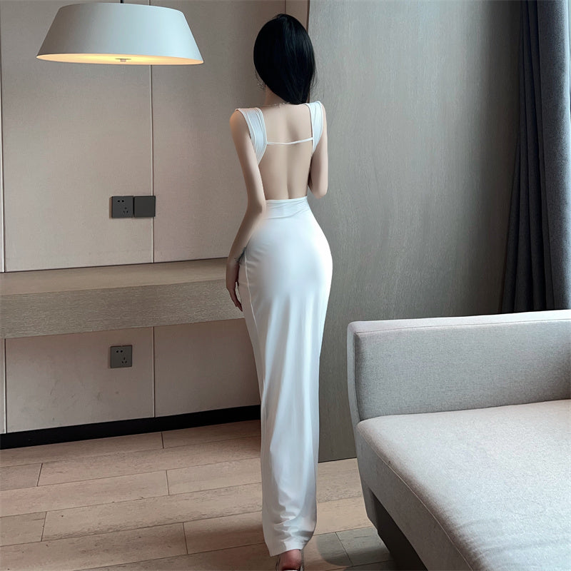 Slit Temperament Kink Long Skirt Sexy V-neck Low-cut Backless Hot Girl White Dress Dress - Fashioinista