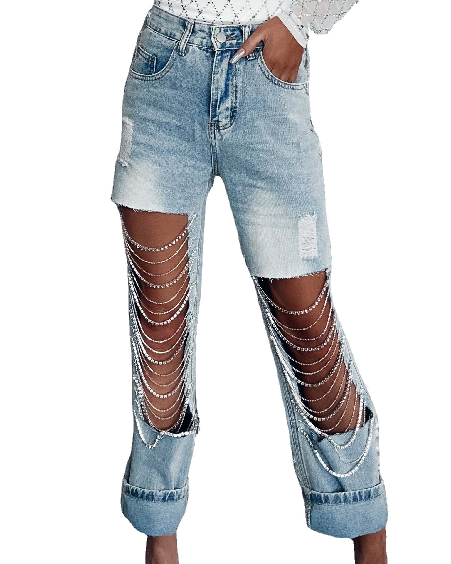 Big Ripped Jeans Women's Chain Ornaments Straight-leg Pants - Fashioinista