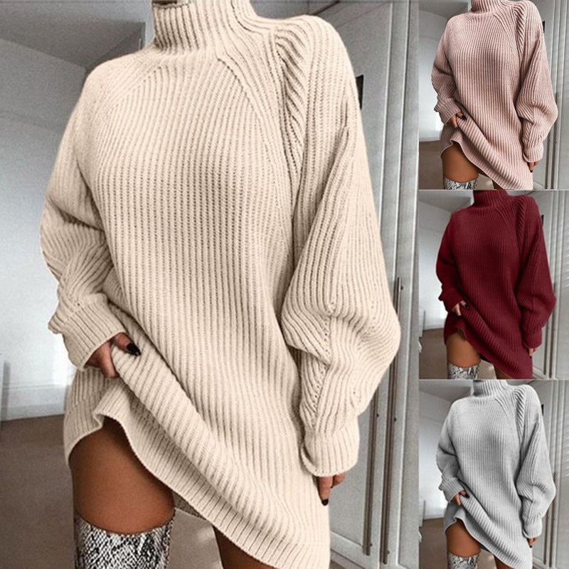 Solid Turtleneck Long Sweater Winter Warm Women Sweater Dress - Fashioinista