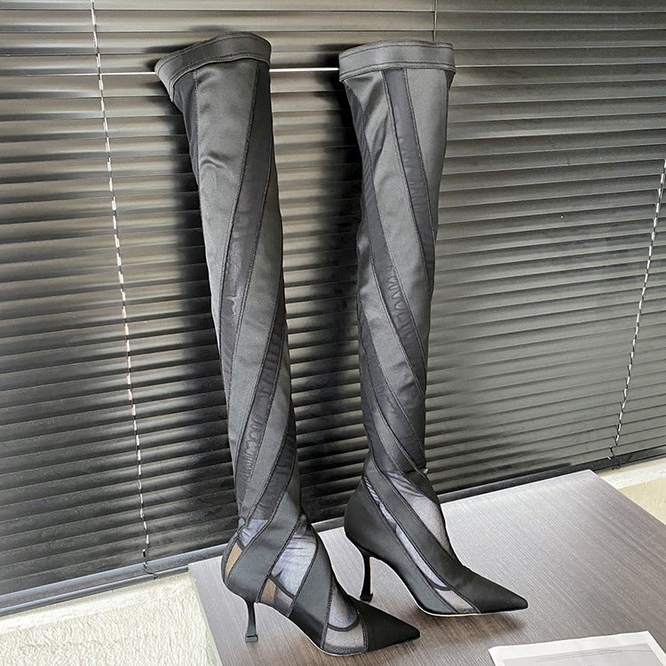 Pointed High Heel Elastic Thread Stitching Mesh Long Tube Over The Knee Boots - Fashioinista