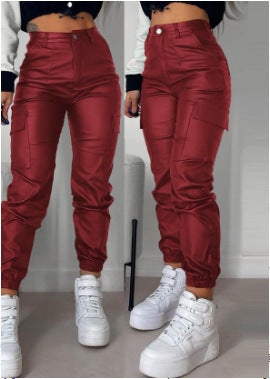 Zipper Pleated PU Casual Patch Pocket Skinny Pencil Trousers - Fashioinista