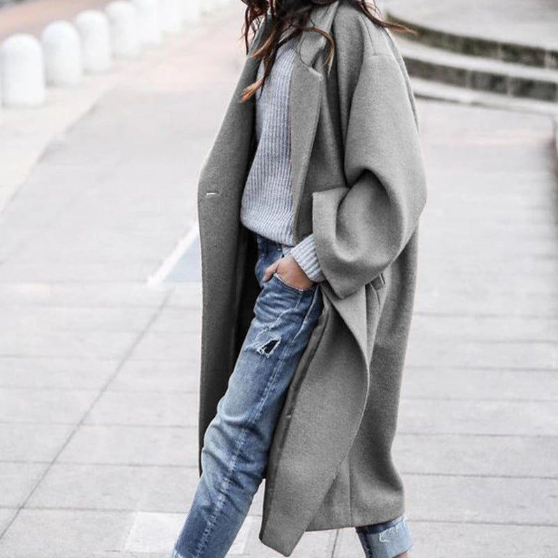 Casual Long Jacket With Pockets Solid Color Single Breasted Lapel Woolen Coat For Women Warm Winter Clothing - Fashioinista