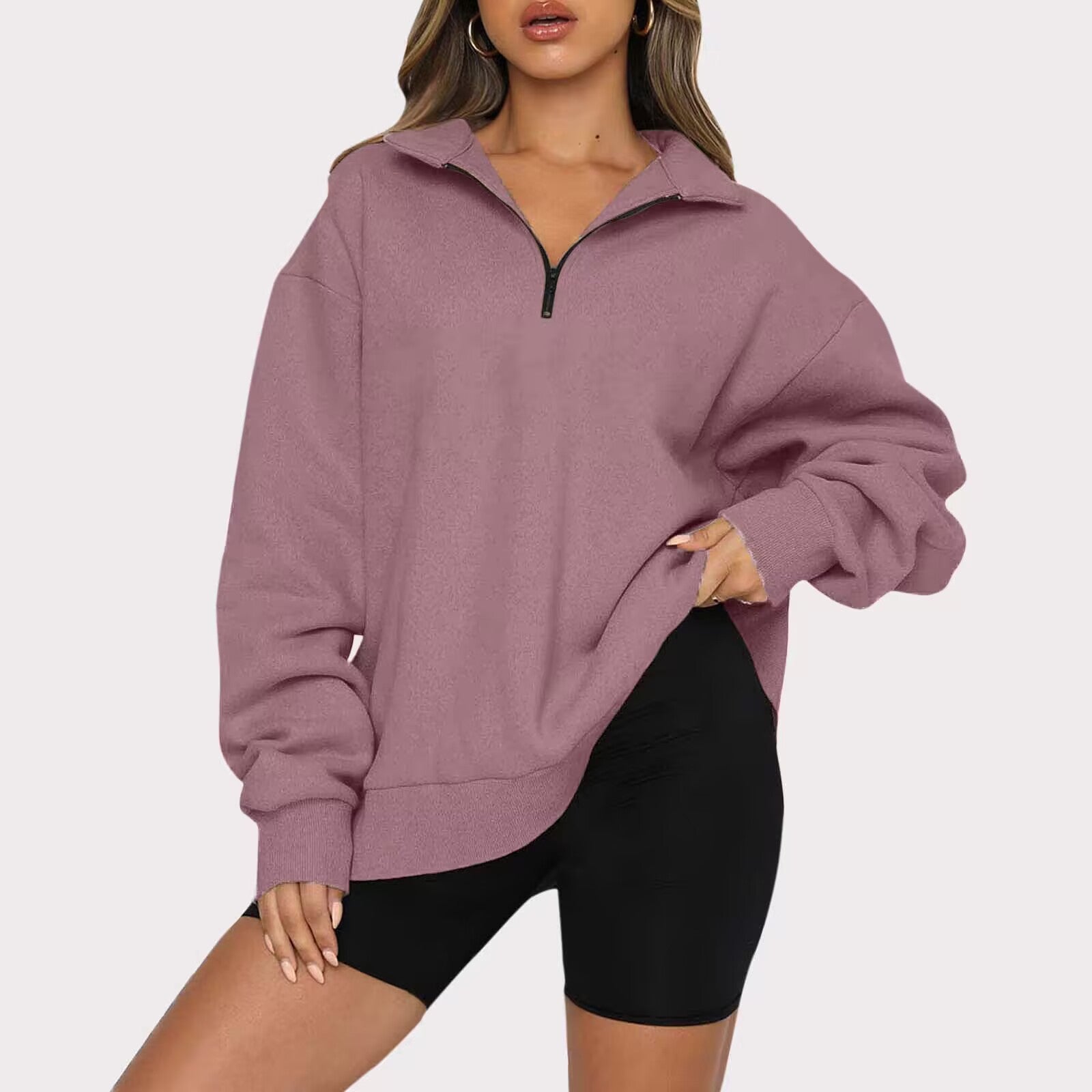 Women Sweatshirts Zip Turndown Collar Loose Casual Tops Clothes - Fashioinista