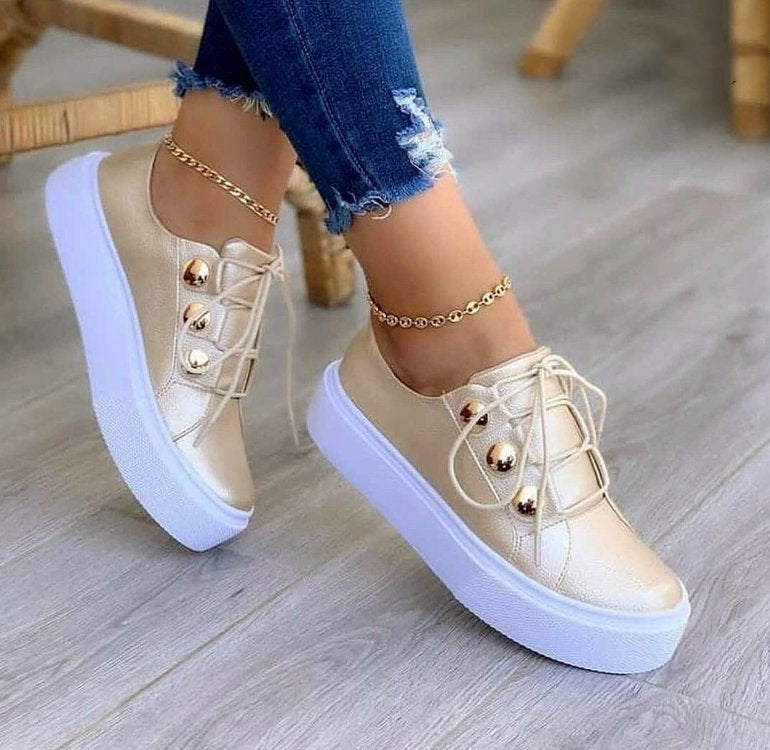 Lace-up Flats Sneakers Women Rivet Casual Shoes - Fashioinista