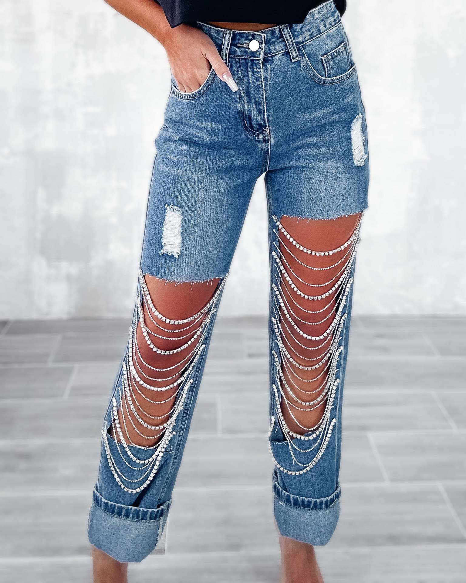 Big Ripped Jeans Women's Chain Ornaments Straight-leg Pants - Fashioinista