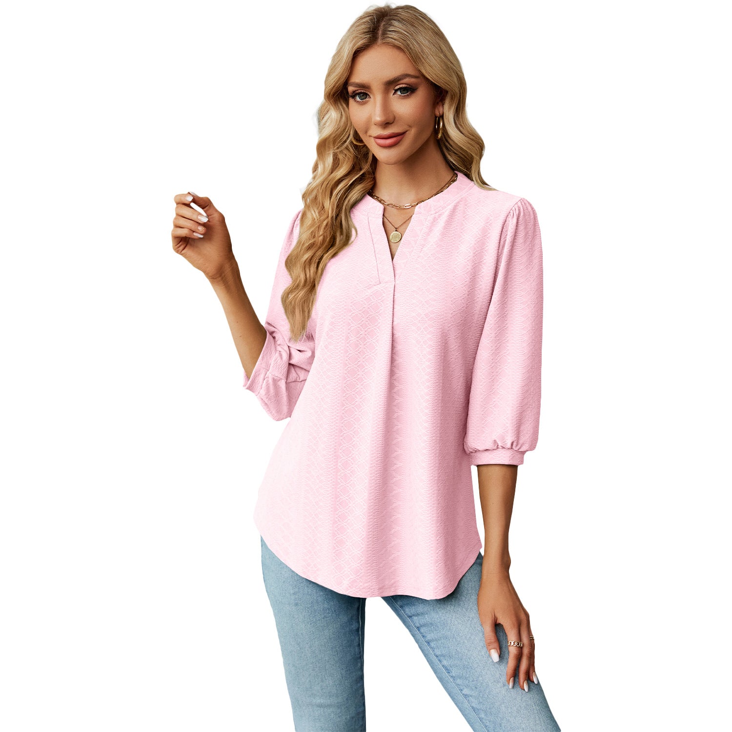 Solid Color Lace Collar Jacquard Long Sleeve Loose-fitting T-shirt Top - Fashioinista