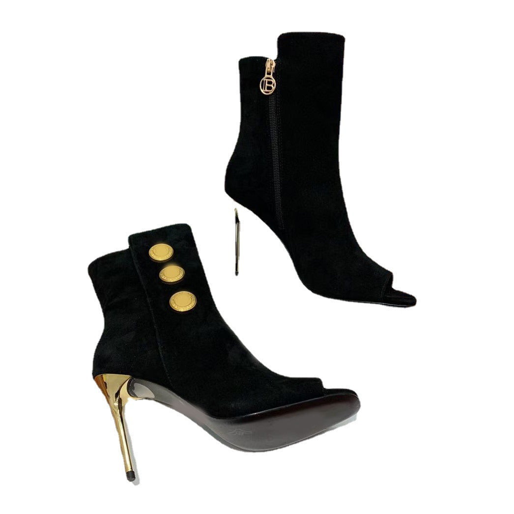 New Fish Mouth Metal Round Buckle Ankle Boots Super Stiletto Women's Shoes - Fashioinista