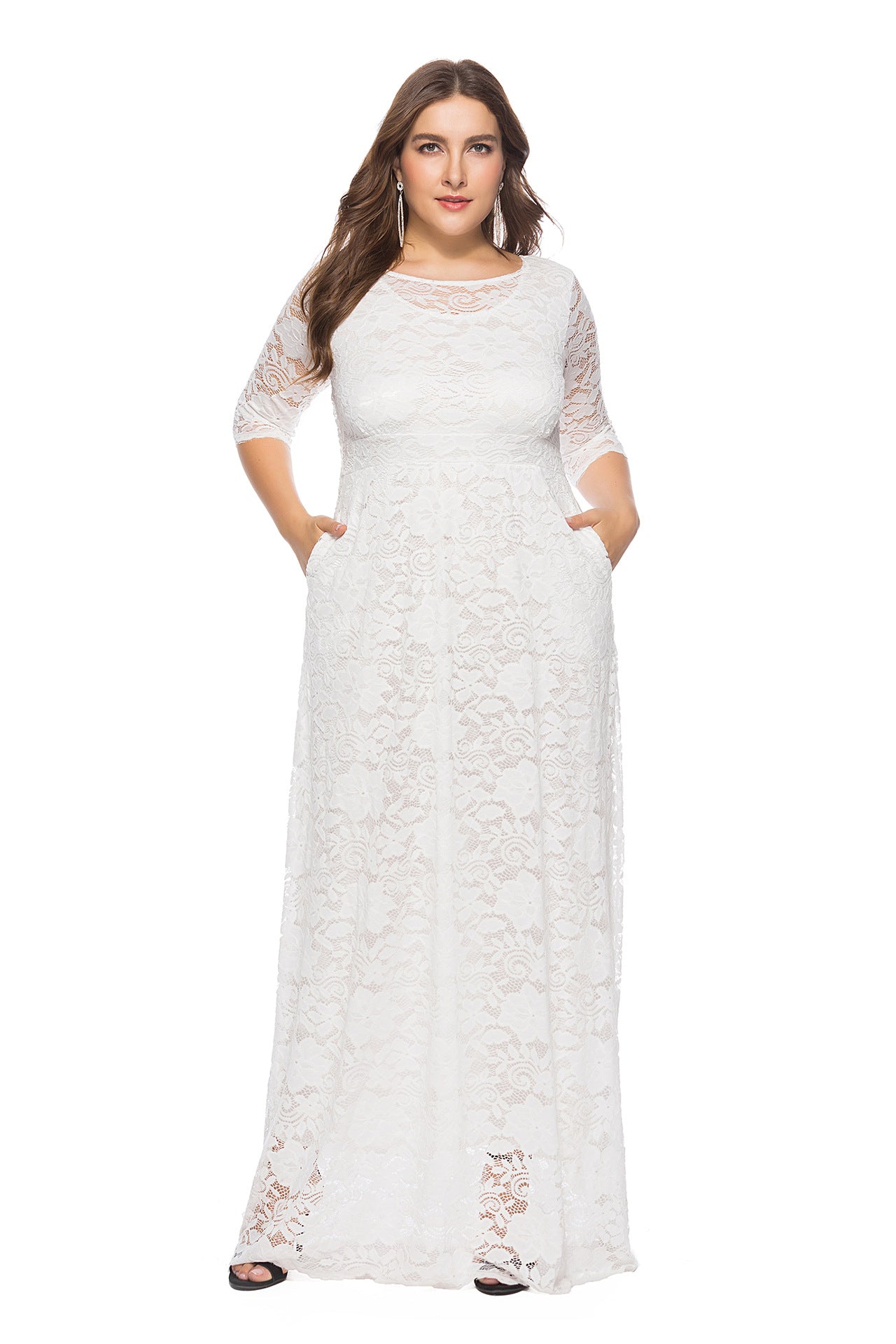 Plus Size Women New Hollow Lace Pocket Dress - Fashioinista