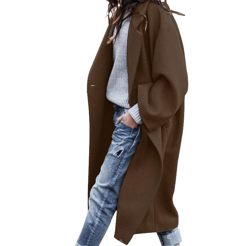 Casual Long Jacket With Pockets Solid Color Single Breasted Lapel Woolen Coat For Women Warm Winter Clothing - Fashioinista