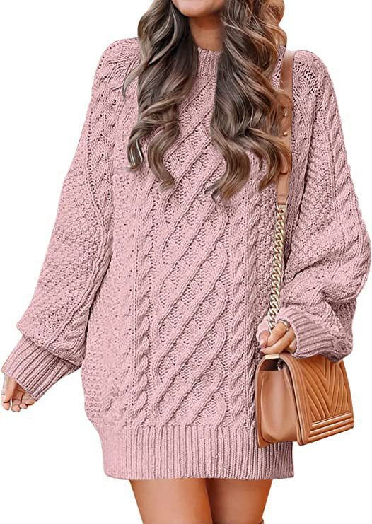 Women's Round Neck Long Sleeve Twisted Knitted Mid-length Dress Sweater - Fashioinista