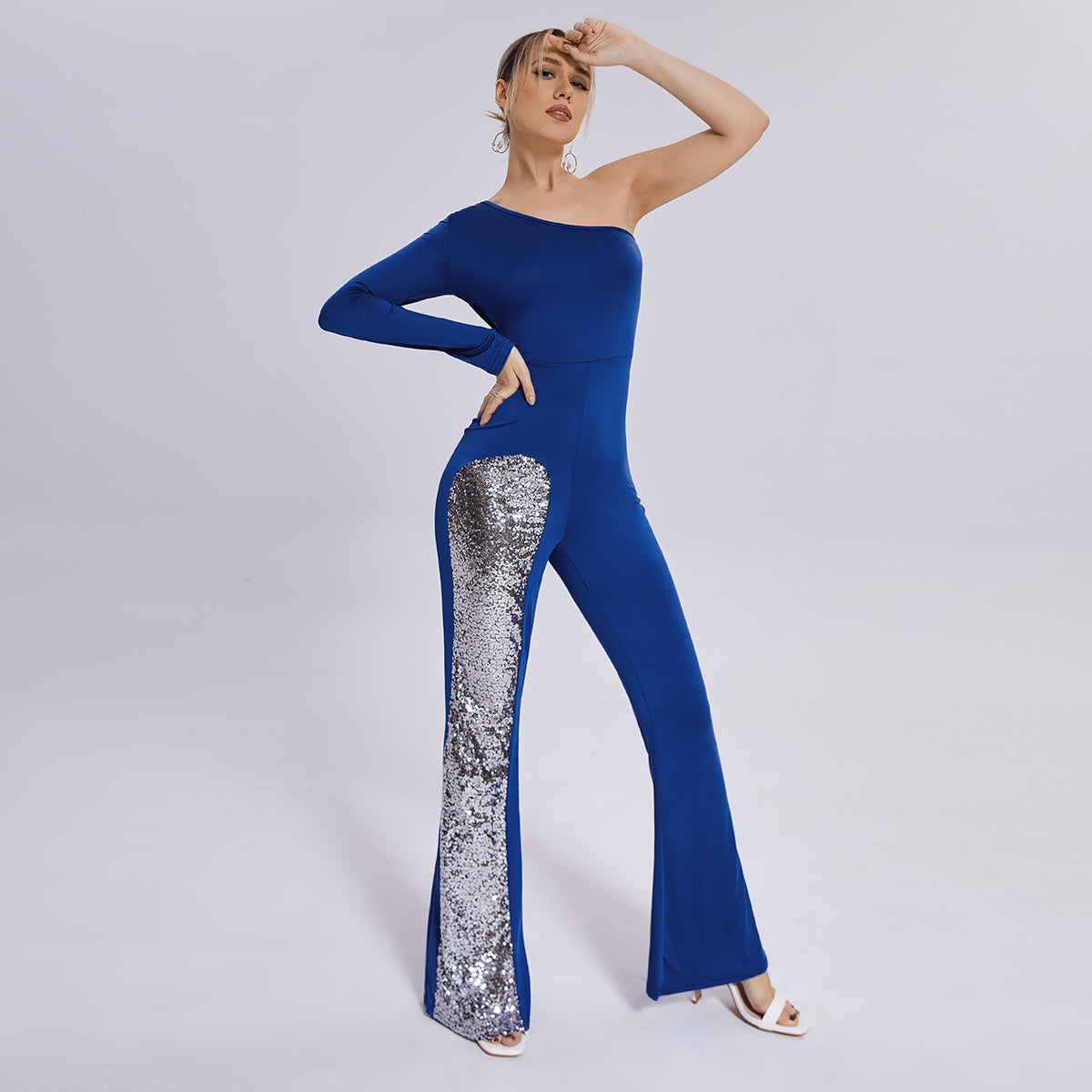 Leg Jumpsuit Mesh One Sleeve Flared - Fashioinista