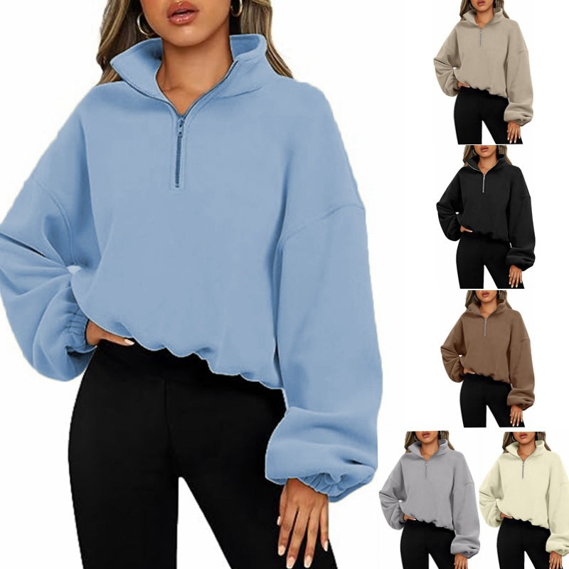 Loose Sport Pullover Hoodie Women Winter Solid Color Zipper Stand Collar Sweatshirt Thick Warm Clothing - Fashioinista