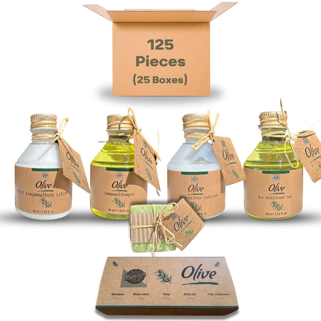Roomsium  Olive 125 Piece Travel Size Toiletries Kit  Olive Blossom Scented Perfect For Vacation Rentals, Hotels, SPA